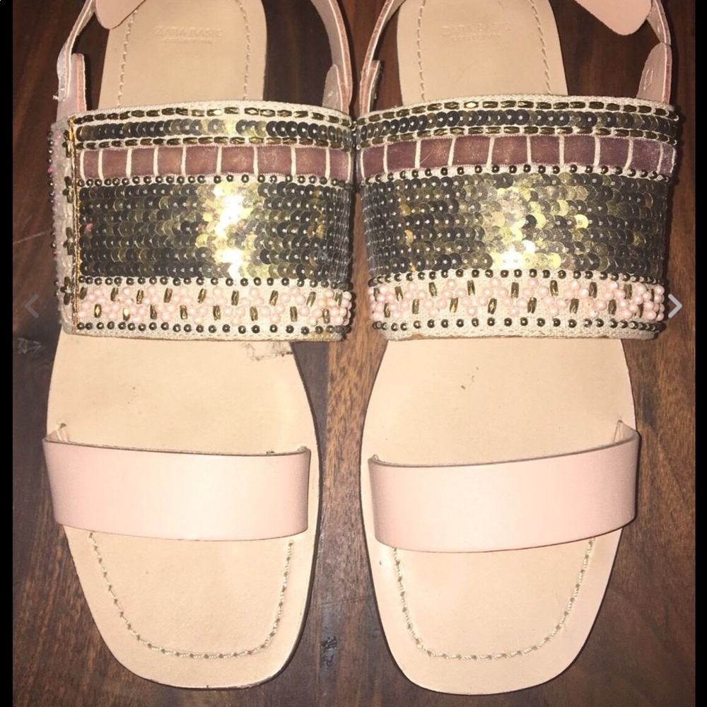 Zara Sequin Beaded Pink Gold sandals 40 9 m lthr